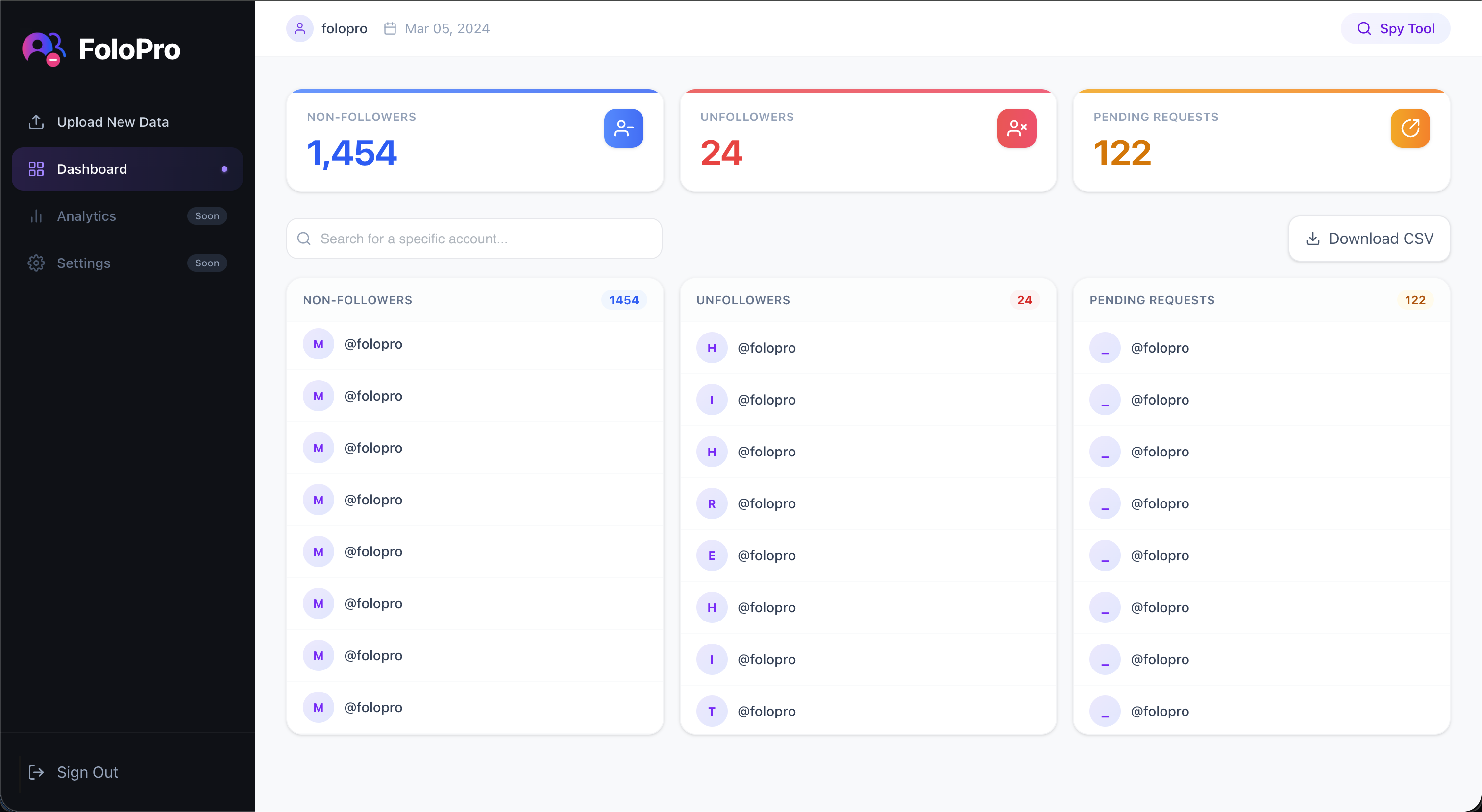 Folopro dashboard preview showing Instagram non-followers, unfollowers, and pending follow requests