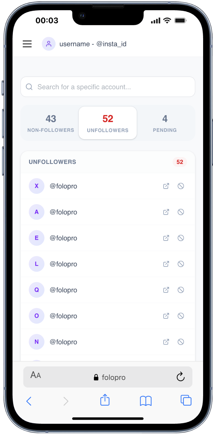 Folopro mobile dashboard preview showing Instagram non-followers, unfollowers, and pending follow requests